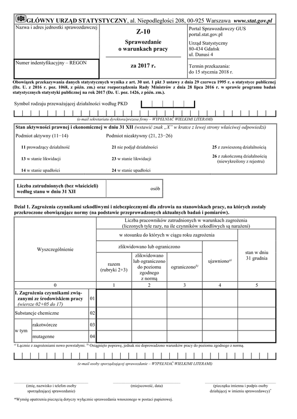 GUS Z-10 (2017) (archiwalny) Sprawozdanie o warunkach pracy za 2017 rok