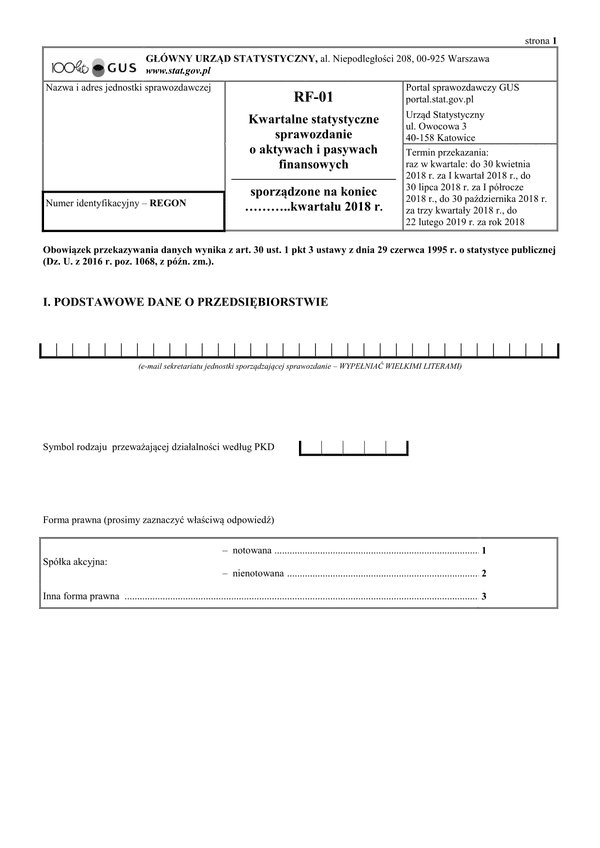 GUS RF-01 (2018) (archiwalny) Kwartalne statystyczne sprawozdanie o aktywach i pasywach finansowych