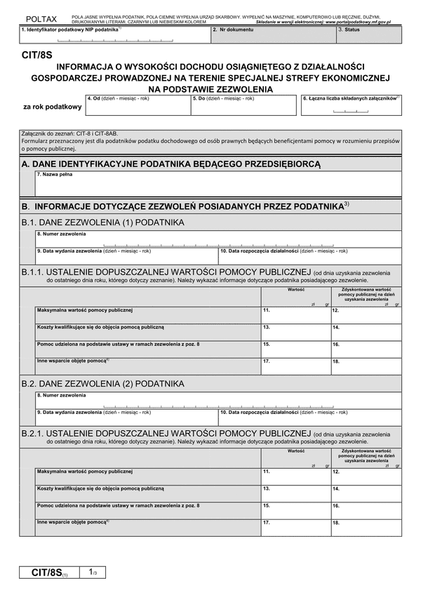 CIT/8S (1) (archiwalny) Informacja o wysokości dochodu osiągniętego z działalności gospodarczej prowadzonej na terenie specjalnej strefy ekonomicznej na podstawie zezwolenia