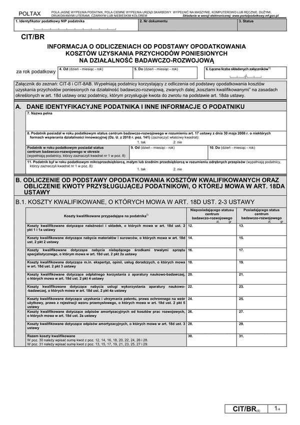 CIT/BR (4) (archiwalny) Informacja o odliczeniach od podstawy opodatkowania kosztów kwalifikowanych