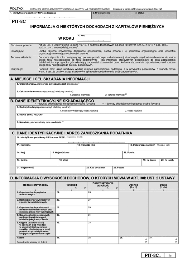 PIT-8C (9) (archiwalny) (2018) Informacja o niektórych dochodach z kapitałów pieniężnych (PIT-8C / PIT-8CZ)