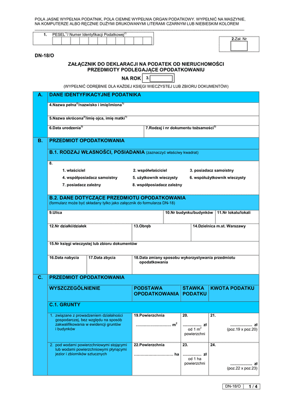 DN-18/O (archiwalny) Załącznik do deklaracji na podatek od nieruchomości przedmioty podlegające opodatkowaniu - Warszawa