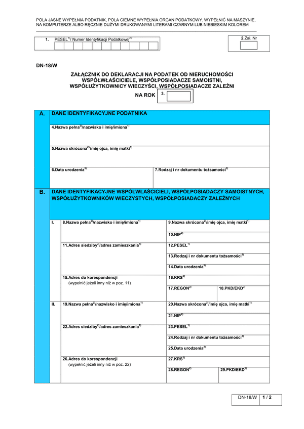 DN-18/W (archiwalny) Załącznik do deklaracji na podatek od nieruchomości współwłaściciele, współposiadacze samoistni, współużytkownicy wieczyści, współposiadacze zależni - Warszawa