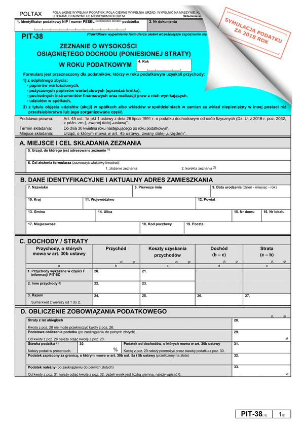 PIT-38 (12) (archiwalny) (2018) Zeznanie o wysokości osiągniętego dochodu (poniesionej straty)