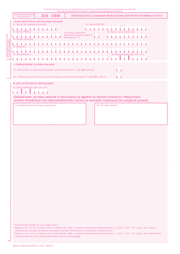 ZUS OSW (archiwalny) Oświadczenie pracodawcy o przekazywaniu raportów informacyjnych (ZUS RIA)