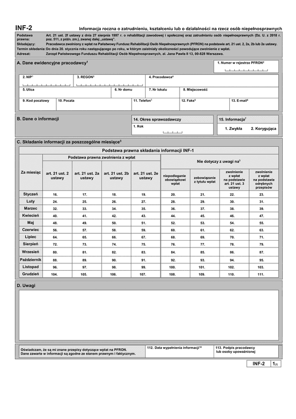 PFRON INF-2 (archiwalny) Informacja roczna o zatrudnieniu, kształceniu lub o działalności na rzecz osób niepełnosprawnych