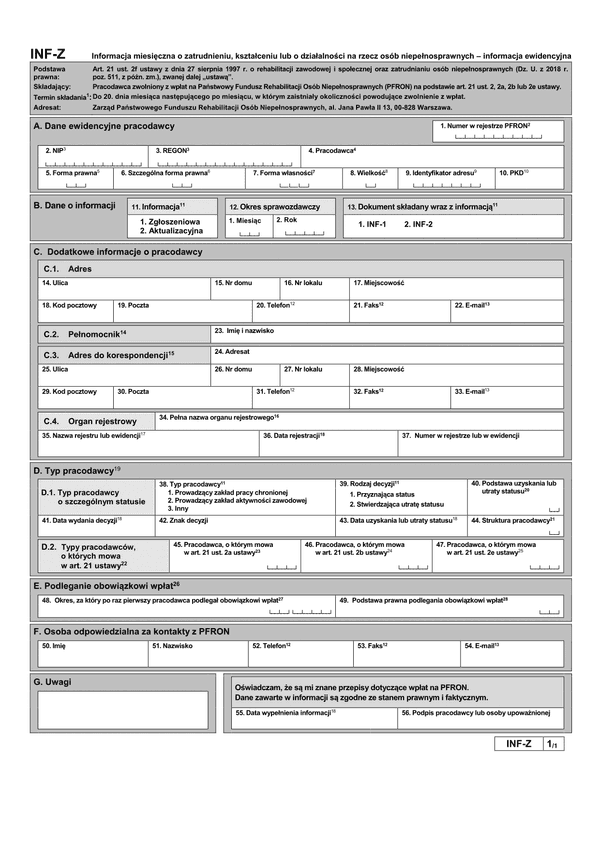PFRON INF-Z (archiwalny) Informacja miesięczna o zatrudnieniu, kształceniu lub o działalności na rzecz osób niepełnosprawnych załącznik informacji miesięcznej - informacja ewidencyjna