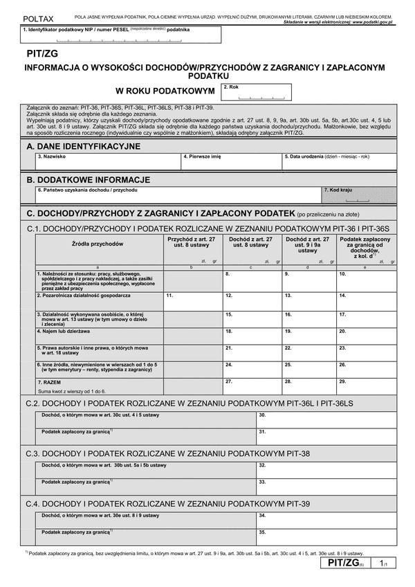 PIT/ZG (6) (archiwalny) (2018) Informacja o wysokości dochodów z zagranicy i zapłaconym podatku