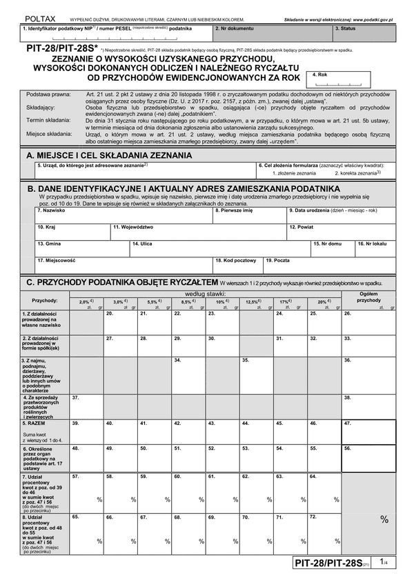 PIT-28 (21) (archiwalny) (2018) Zeznanie o wysokości uzyskanego przychodu, wysokości dokonanych odliczeń i należnego ryczałtu od przychodów ewidencjonowanych za 2018