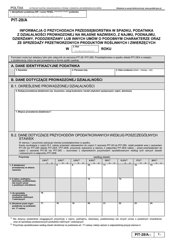 PIT-28/A (18) (archiwalny) (2018) Informacja o przychodach podatnika z działalności prowadzonej na własne nazwisko oraz z najmu, podnajmu, dzierżawy, poddzierżawy lub innych umów o podobnym charakterze