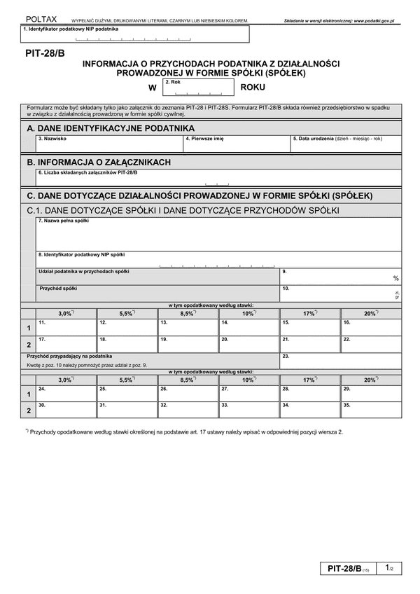 PIT-28/B (15) (archiwalny) (2018) Informacja o przychodach podatnika z działalności prowadzonej w formie spółki (spółek) osób fizycznych