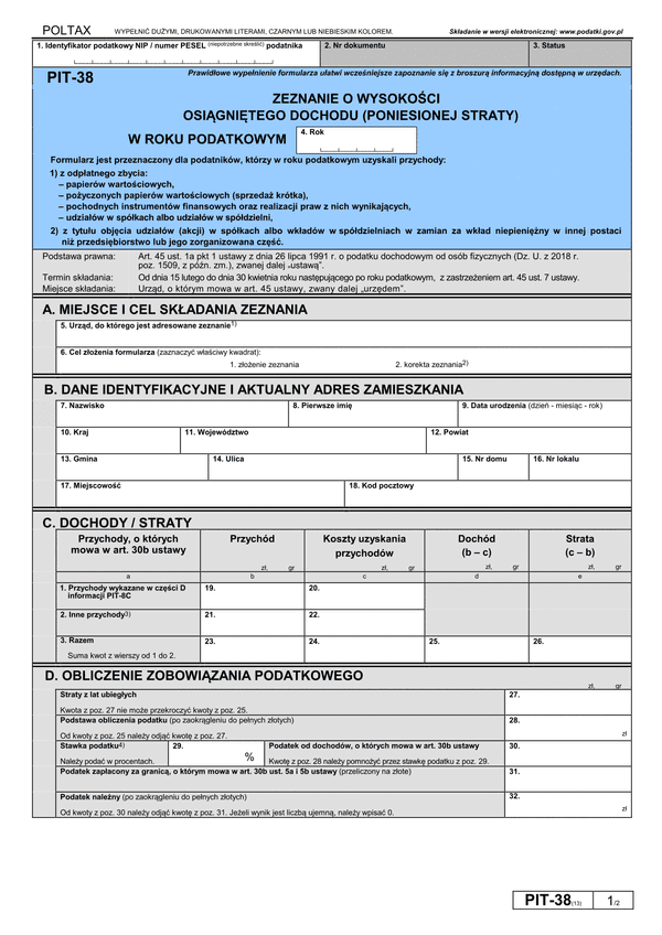 PIT-38 (13) (archiwalny) (2018) Zeznanie o wysokości osiągniętego dochodu (poniesionej straty)