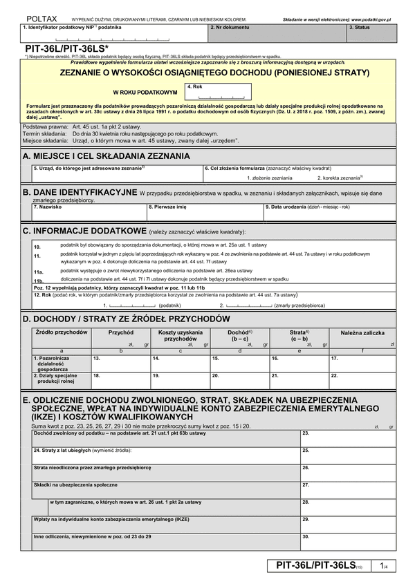 PIT-36L (15) (archiwalny) (2018) Zeznanie o wysokości osiągniętego dochodu (poniesionej straty)
