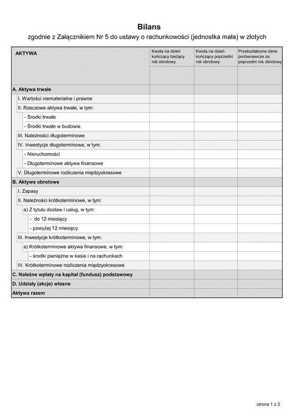 SFJMAZ BIL (archiwalny) Bilans - zgodnie z Załącznikiem Nr 5 do ustawy o rachunkowości (jednostka mała) w złotych - z wysyłką JPK_SF (1)