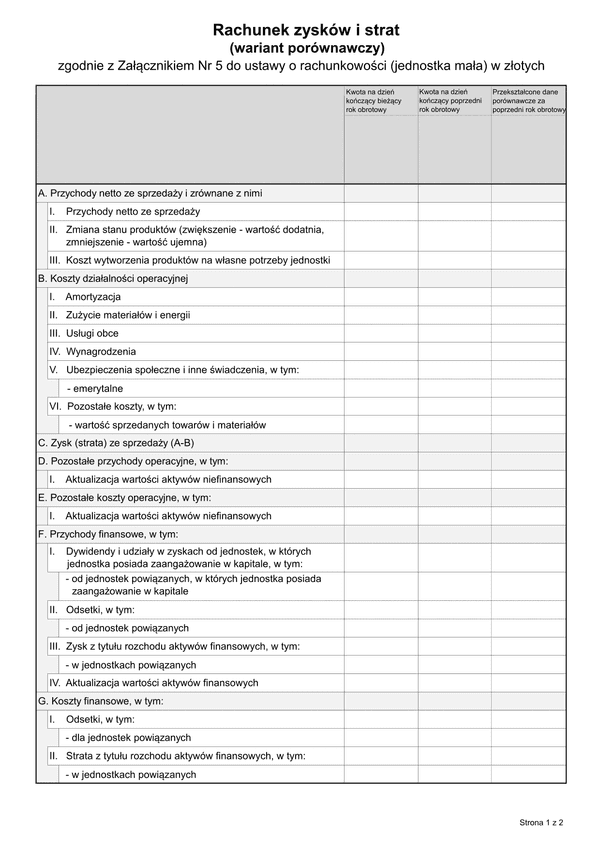 SFJMAZ RZiS-WP (archiwalny) Rachunek zysków i strat (wariant porównawczy) - zgodnie z Załącznikiem Nr 5 do ustawy o rachunkowości (jednostka mała) w złotych - z wysyłką JPK_SF (1)