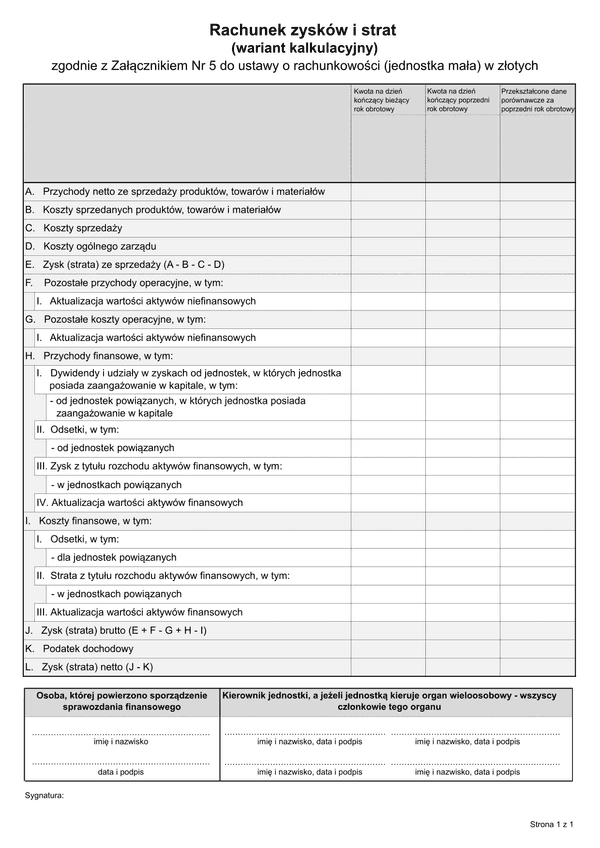 SFJMAZ RZiS-WK (archiwalny) Rachunek zysków i strat (wariant kalkulacyjny) -  zgodnie z Załącznikiem Nr 5 do ustawy o rachunkowości (jednostka mała) w złotych - z wysyłką JPK_SF (1)
