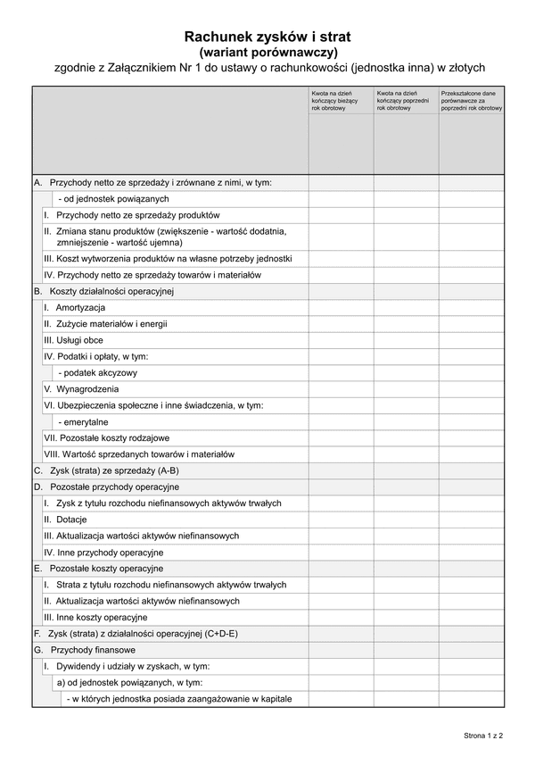 SFJINZ RZiS-WP (archiwalny) Rachunek zysków i strat (wariant porównawczy) - zgodnie z Załącznikiem Nr 1 do ustawy o rachunkowości (jednostka inna) w złotych - z wysyłką JPK_SF (1)