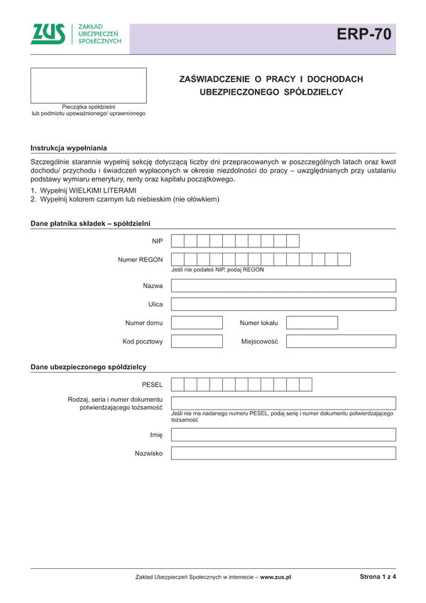 ZUS ERP-70 (archiwalny) Zaświadczenie o pracy i dochodach ubezpieczonego spółdzielcy