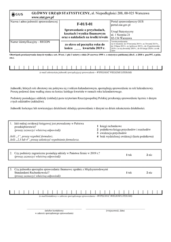 GUS F-01/I-01 (2019) (archiwalny) Sprawozdanie o przychodach, kosztach i wyniku finansowym oraz o nakładach na środki trwałe