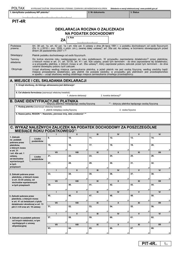 PIT-4R (8) (archiwalny) (2019) Deklaracja roczna o pobranych zaliczkach na podatek dochodowy