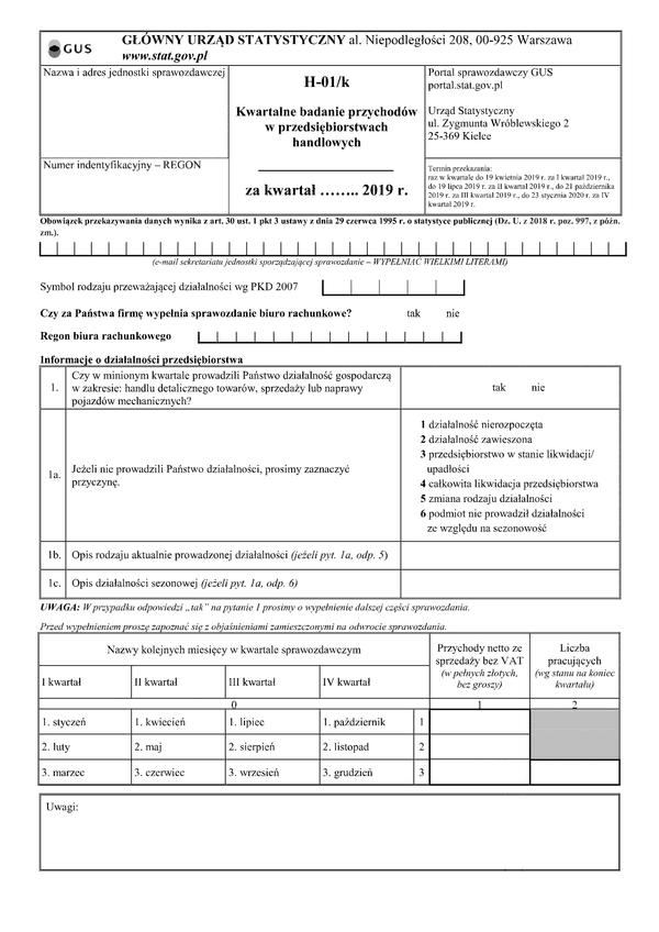 GUS H-01/k (archiwalny) (2019) Kwartalne badanie przychodów w przedsiębiorstwach handlowych
