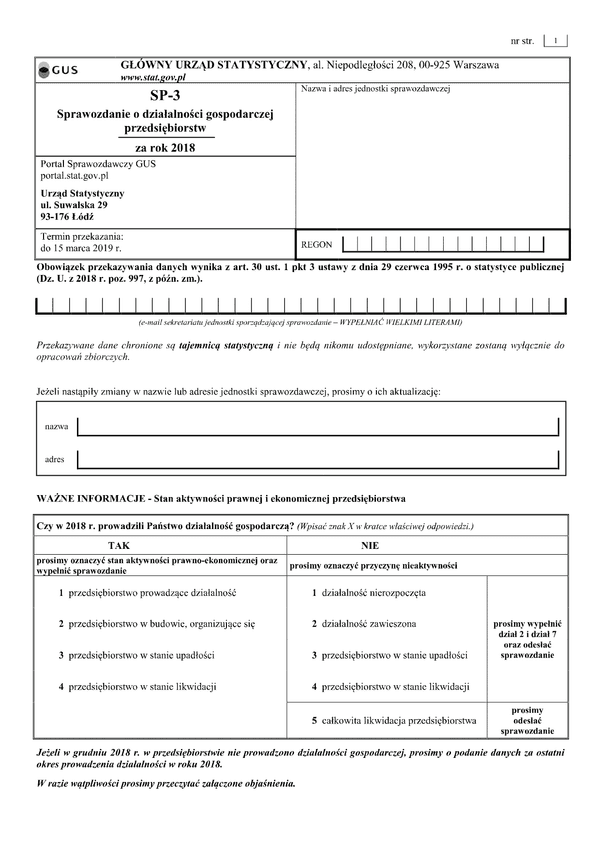 GUS SP-3 (2018) (archiwalny) Sprawozdanie o działalności gospodarczej przedsiębiorstw za rok 2018