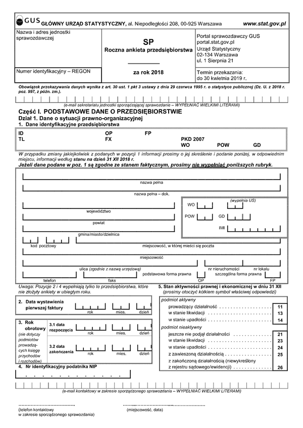 GUS SP (2018) (archiwalny) Roczna ankieta przedsiębiorstwa za rok 2018