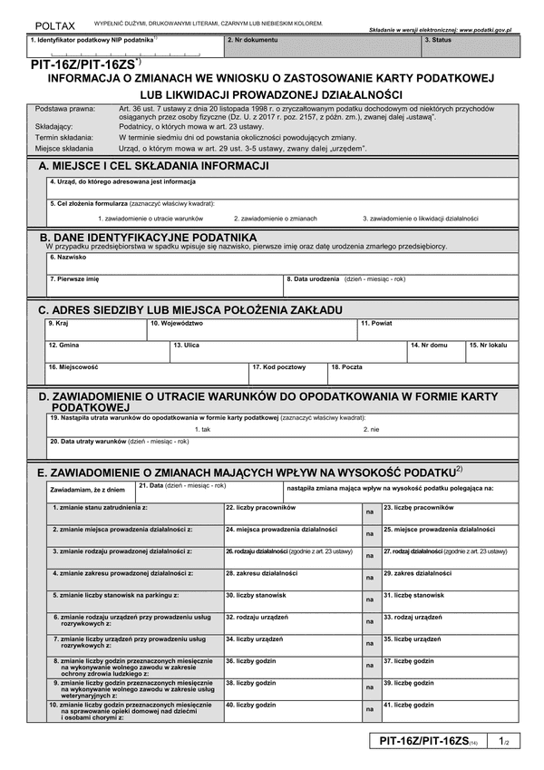 PIT-16Z/PIT-16ZS (14) (2019-2024) Informacja o zmianach we wniosku o zastosowanie karty podatkowej lub likwidacji prowadzonej działalności