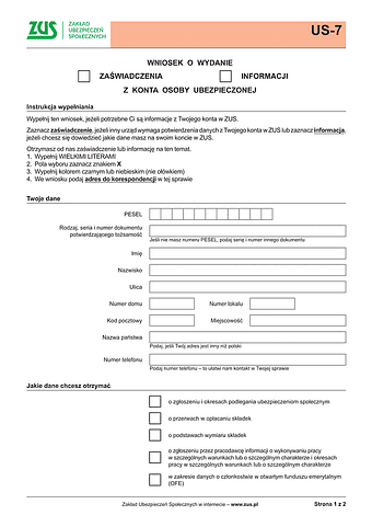 ZUS US-7 Wniosek o wydanie zaświadczenia/informacji z konta osoby ubezpieczonej - wersja papierowa