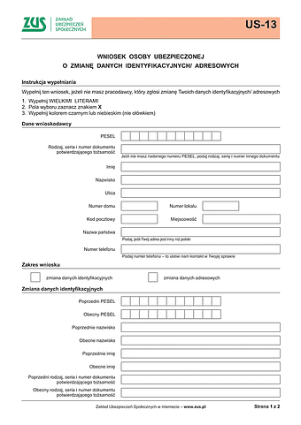 ZUS US-13 Wniosek ubezpieczonego o zmianę danych identyfikacyjnych/adresowych - wersja papierowa