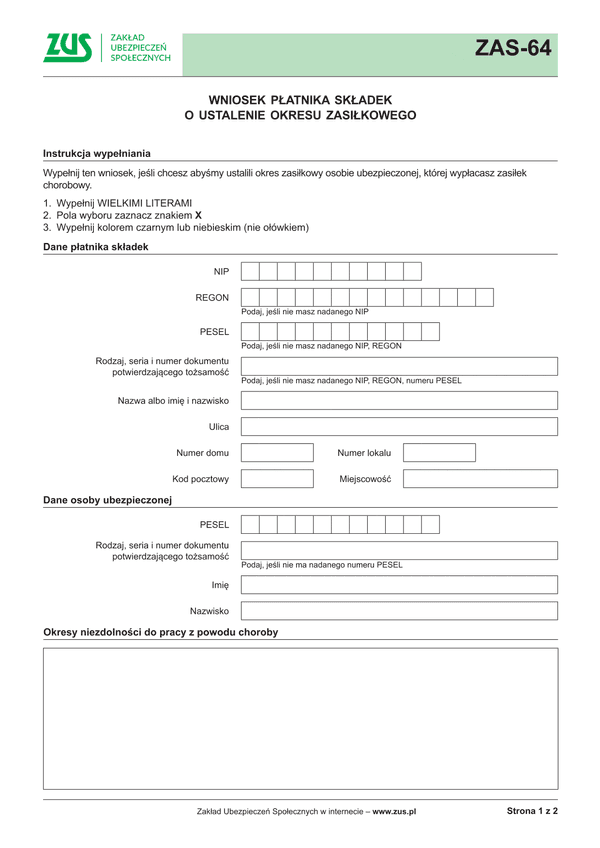 ZUS ZAS-64 (archiwalny) Wniosek płatnika składek o ustalenie okresu zasiłkowego