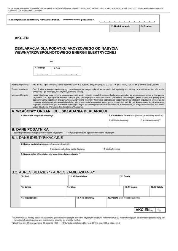 AKC-EN (8) (archiwalny) Deklaracja podatkowa od nabycia wewnątrzwspólnotowego energii elektrycznej