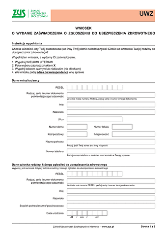 ZUS UWZ Wniosek o wydanie zaświadczenia o zgłoszeniu do ubezpieczenia zdrowotnego - wersja papierowa