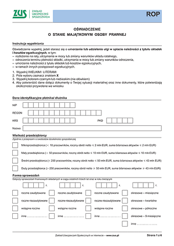 ZUS ROP Oświadczenie o stanie majątkowym osoby prawnej