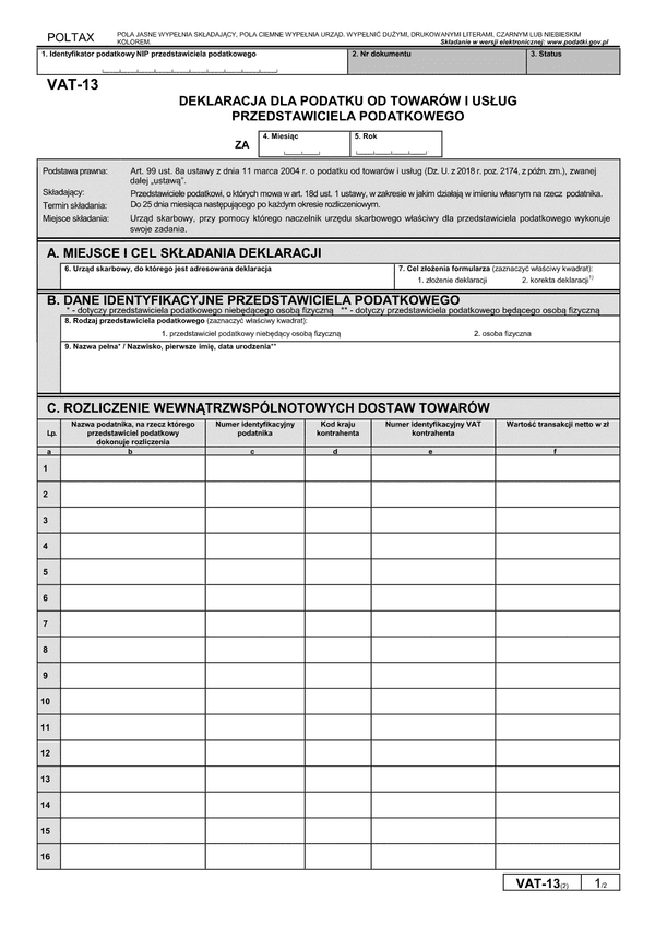 VAT-13 (2) (archiwalny) Deklaracja dla podatku od towarów i usług przedstawiciela podatkowego