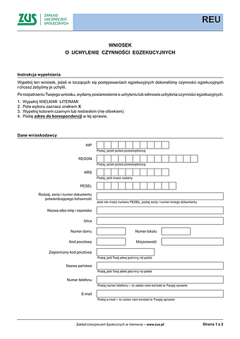 ZUS REU Wniosek o uchylenie czynności egzekucyjnych