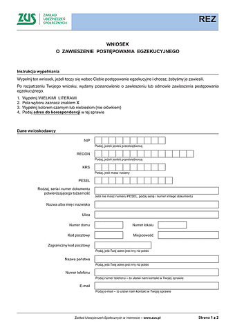 ZUS REZ Wniosek o zawieszenie postępowania egzekucyjnego - wersja papierowa