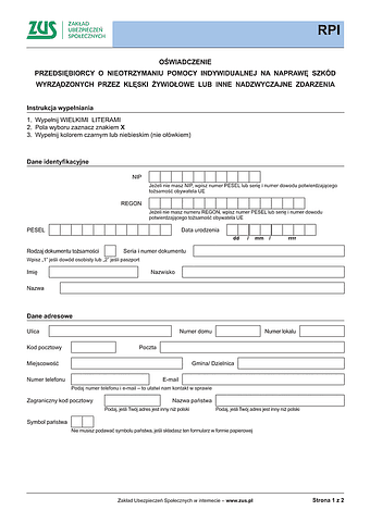 ZUS RPI Oświadczenie przedsiębiorcy o nieotrzymaniu pomocy indywidualnej na naprawę szkód wyrządzonych przez klęski żywiołowe lub inne nadzwyczajne zdarzenia