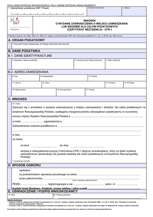 W CFR-1 (archiwalny) Wniosek o wydanie zaświadczenia o miejscu zamieszkania lub siedzibie dla celów podatkowych (certyfikat rezydencji) - CFR-1