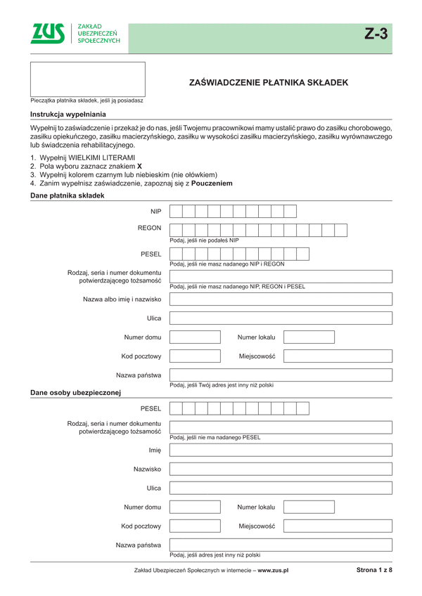 ZUS Z-3 (archiwalny) Zaświadczenie płatnika składek