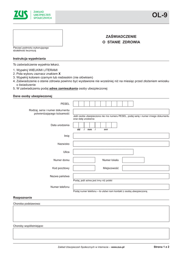 ZUS OL-9 Zaświadczenie o stanie zdrowia