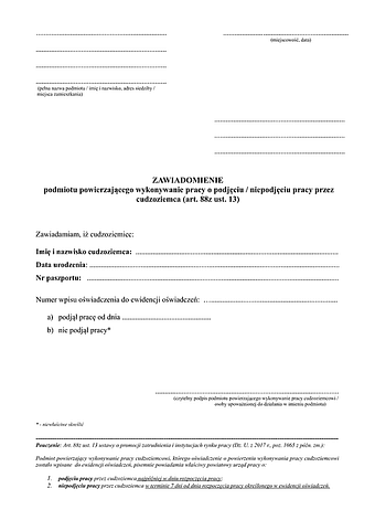 ZPPWPC Zawiadomienie podmiotu powierzającego wykonywanie pracy o podjęciu / niepodjęciu pracy przez cudzoziemca (art. 88z ust.13)