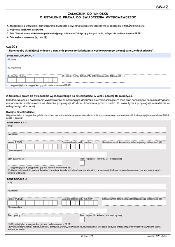 SW-1Z (3) Rodzina 500+ Załącznik do wniosku o ustalenie prawa do świadczenia wychowawczego