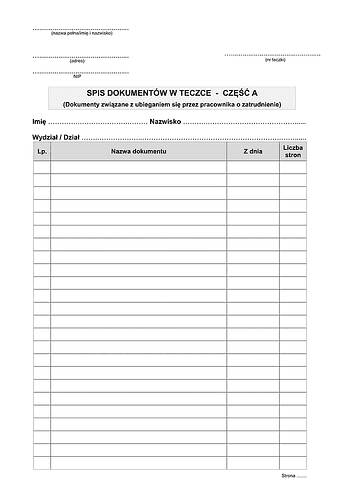 SDT-A Spis dokumentów w teczce część A - dokumenty związane z ubieganiem się przez pracownika o zatrudnienie