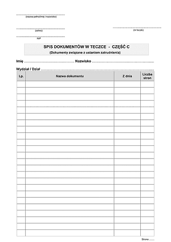 SDT-C Spis dokumentów w teczce część C - dokumenty związane z ustaniem zatrudnienia