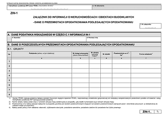 ZIN-1 Załącznik do informacji o nieruchomościach i obiektach budowlanych - dane o przedmiotach opodatkowania podlegających opodatkowaniu