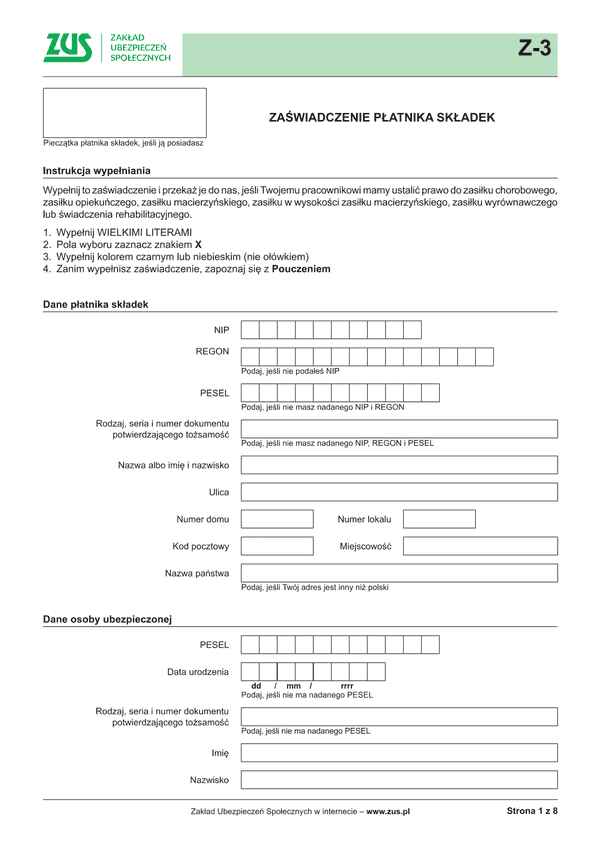 ZUS Z-3 (archiwalny) Zaświadczenie płatnika składek