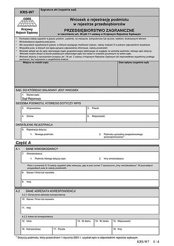 KRS-W7 Wniosek o rejestrację podmiotu w rejestrze przedsiębiorców - przedsiębiorstwo zagraniczne w rozumieniu art. 36 pkt. 11 ustawy o Krajowym Rejestrze Sądowym