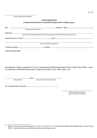 ZoUS (BHP) Zaświadczenie o ukończeniu szkolenia w dziedzinie bezpieczeństwa i higieny pracy