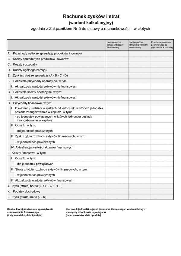 SFJMAZ RZiS-WK (v.1-2) Rachunek zysków i strat (wariant kalkulacyjny) -  zgodnie z Załącznikiem Nr 5 do ustawy o rachunkowości (jednostka mała) w złotych - z wysyłką pliku xml JPK_SF 
